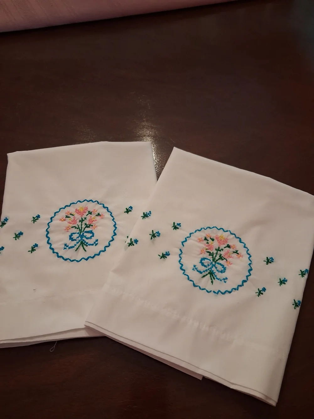 Vintage White Embroidered Pillowcases with Turquoise Flowers